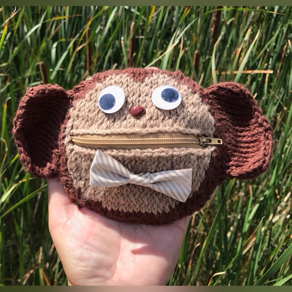 Handmade Knit Monkey Zipper Mouth Wild Bunch Coin Purse Wallet One Of A Kind - Picture 5 of 13